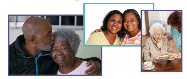 Collage of an adult African American man kissing his mother, Latina sisters, and an older woman being served a meal by her caregiver