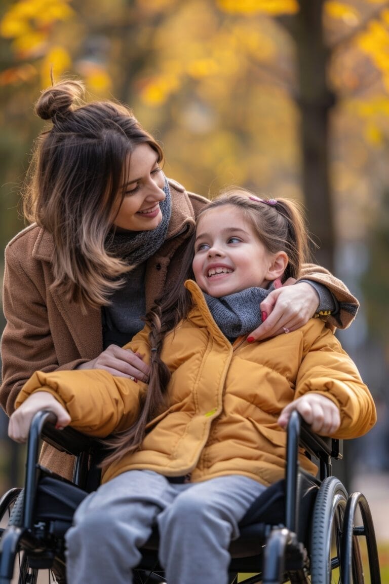 A young girl in a wheelchair accompanied by her adult caregiver