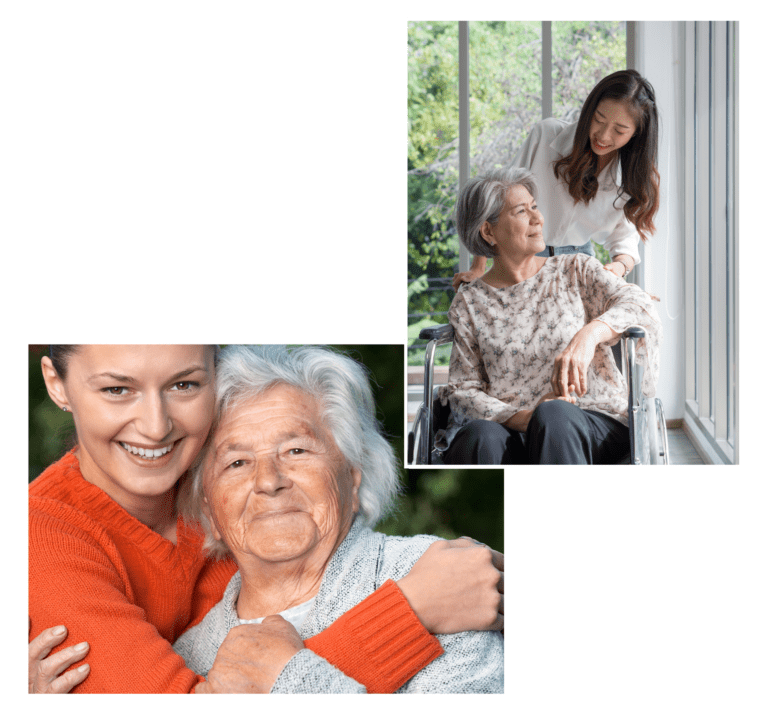 Collage of two images. A grandmother hugging her granddaughter and an Asian older woman in a wheelchair with her caregiver.
