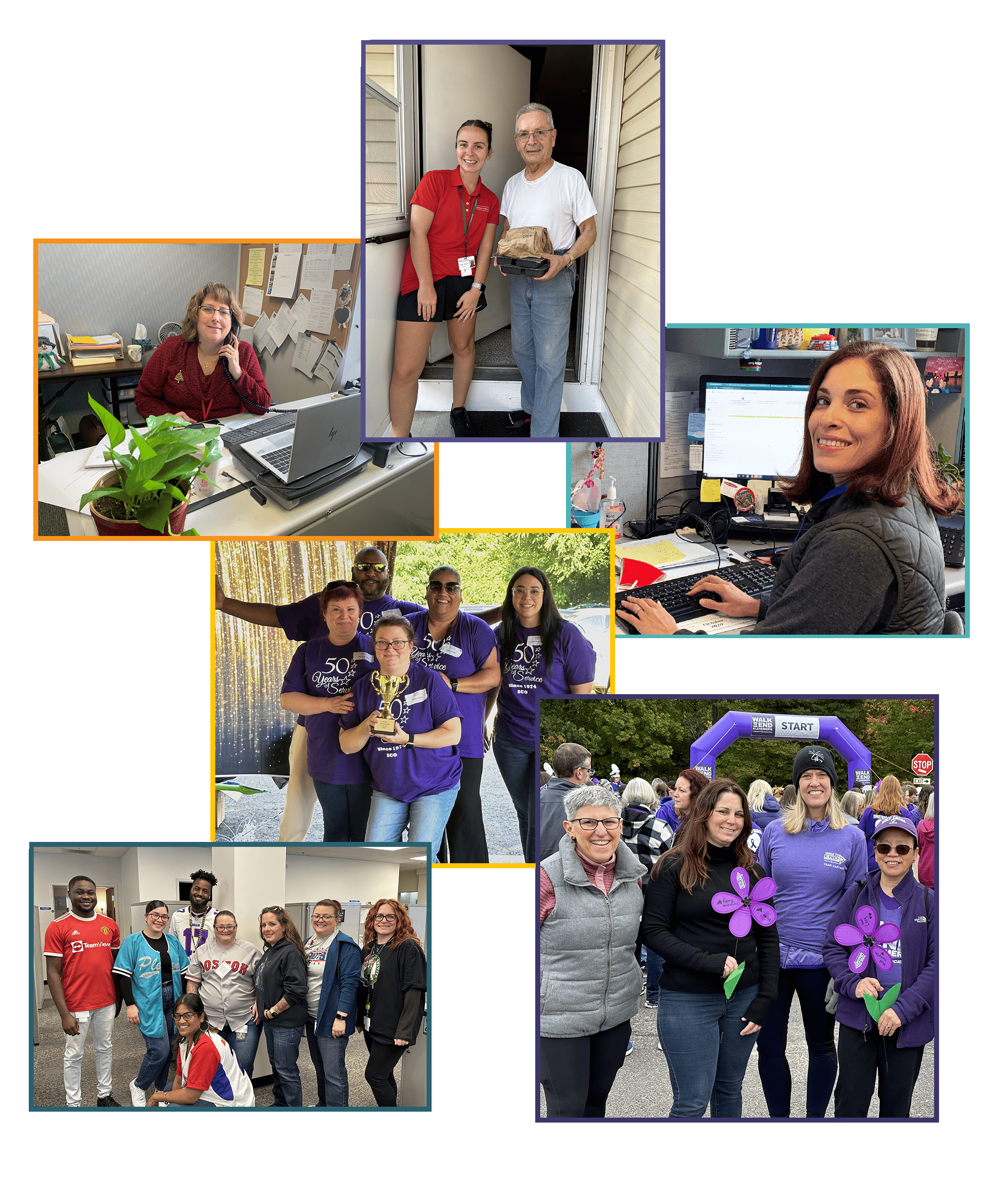 a collage of Access Care Partners staff. A Meals on Wheels driver with a Consumer. A woman on the phone. A woman working at a desk. A group with a trophy. A group in sports attire. A group at the Walk to End Alzheimer's.