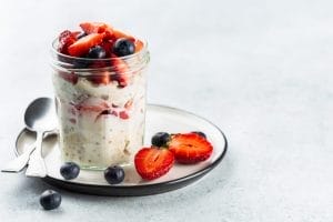 Overnight oats with blueberries and strawberries on top