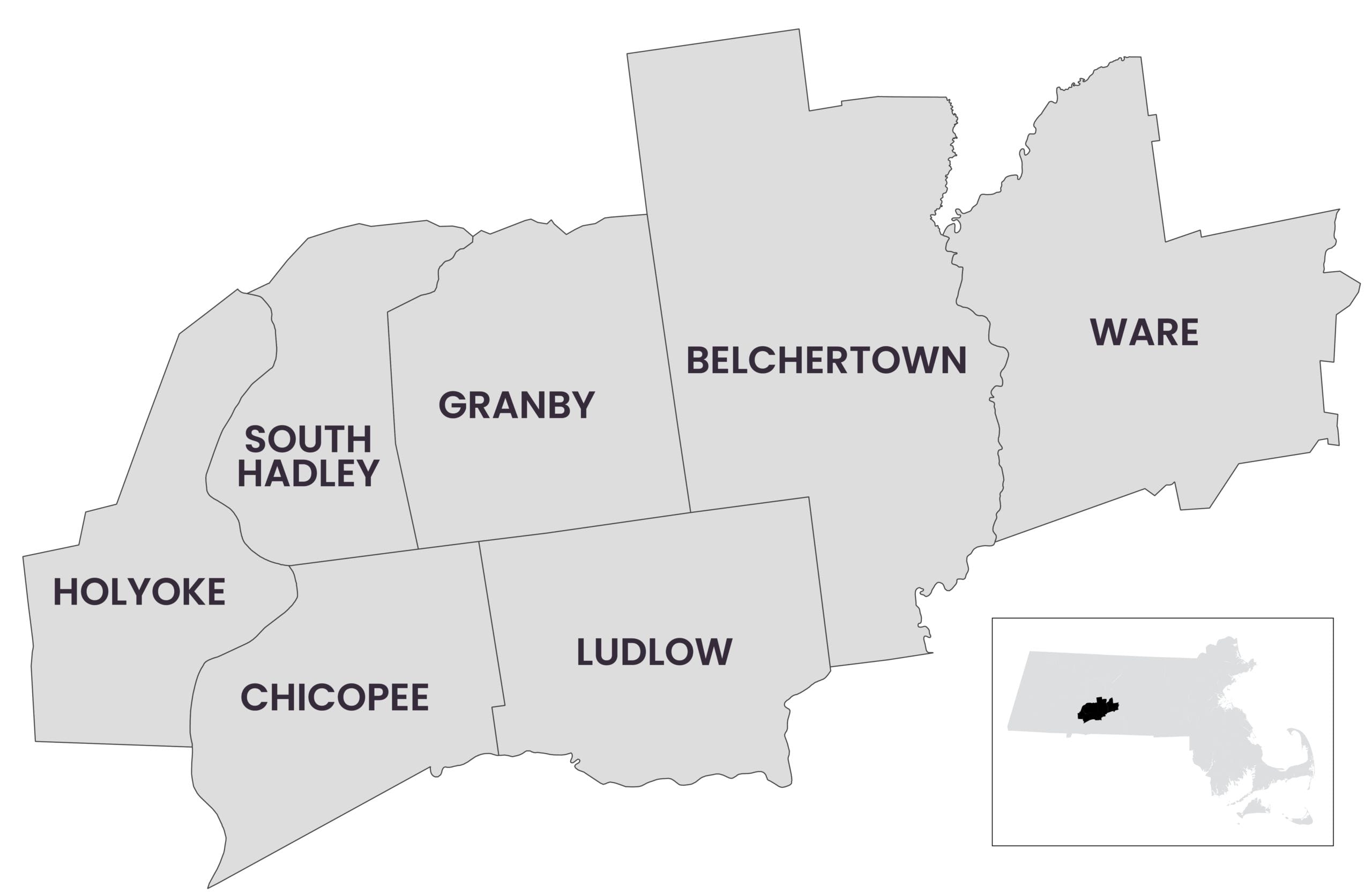 Access Care Partners' service area map showing Holyoke, Chicopee, South Hadley, Granby, Ludlow, Belchertown and Ware