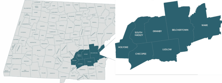 Map of Western Massachusetts with Access Care Partners' service area called out showing Holyoke, Chicopee, South Hadley, Granby, Ludlow, Belchertown, and Ware